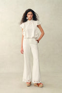 Lilou French Cutwork Embroidery Ruffle-Sleeve Top and Pants Matching Set in Cotton & Linen