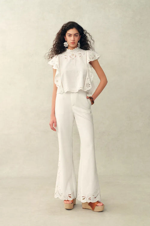 Lilou French Cutwork Embroidery Ruffle-Sleeve Top and Pants Matching Set in Cotton & Linen