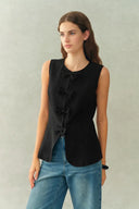 Becky Bow Tie Sleeveless Vest Top in Linen-Blend Suiting