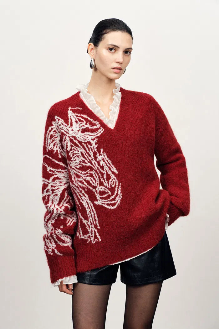 Parker V Neck Horse Sweater in Merino Alpaca Blend Knit