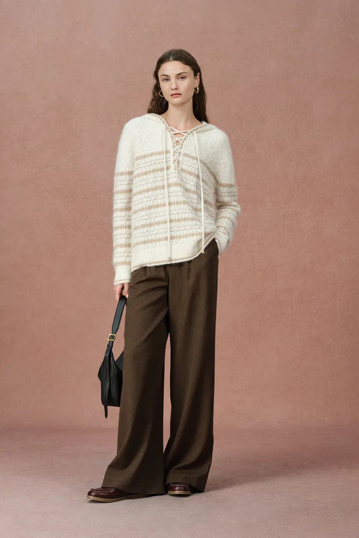 Clara Striped Cable Hoodie Sweater in Wool-Alpaca Blend Knit