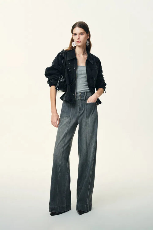 MOSS Smoky Grey 3D Wide Leg Jeans in Micro Stretchy Denim