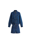 Colette Gestreifte Gewaschene Blaue Jacke mit Pattentaschen und Shorts aus Fischgrät-Denim