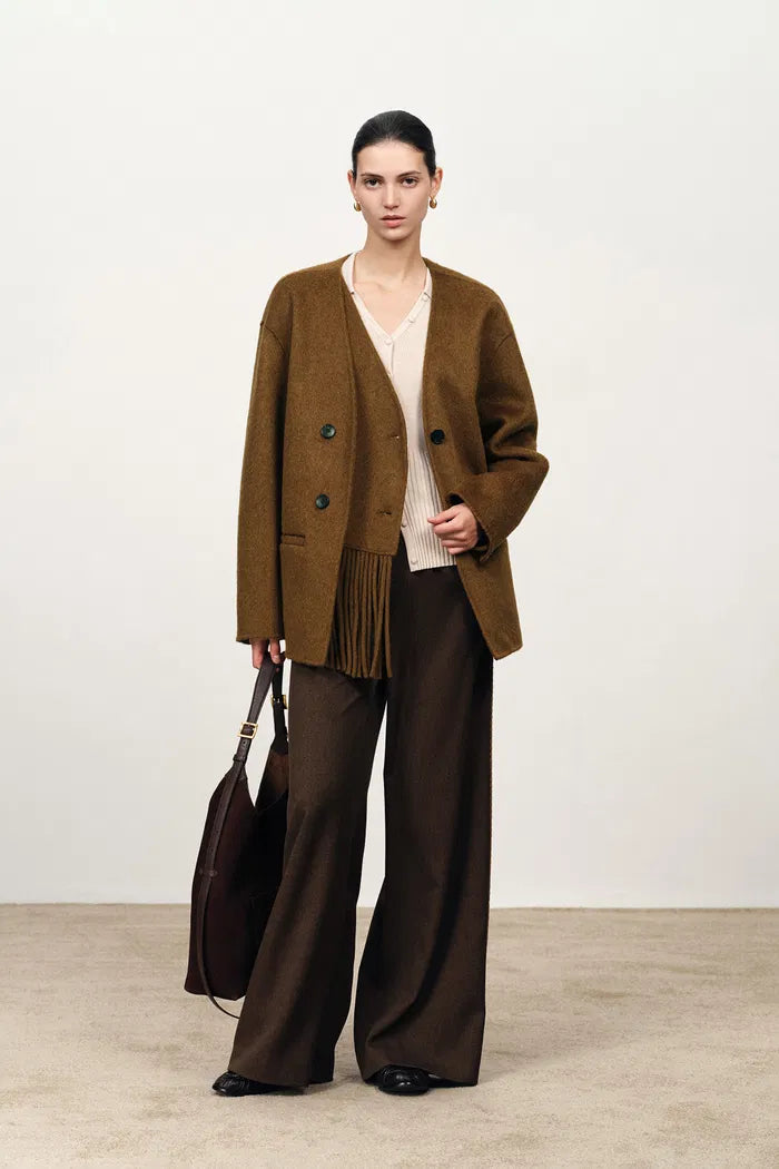 Athena Fringed Scarf Coat in Wool-Camel Down Blend