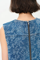 Iris Flora Laserarbeit Rundhals-Kurzes Kleid aus Baumwoll-Denim