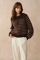 Rhea Scalloped Henley Striped Sweater in Wool-Alpaca Knit