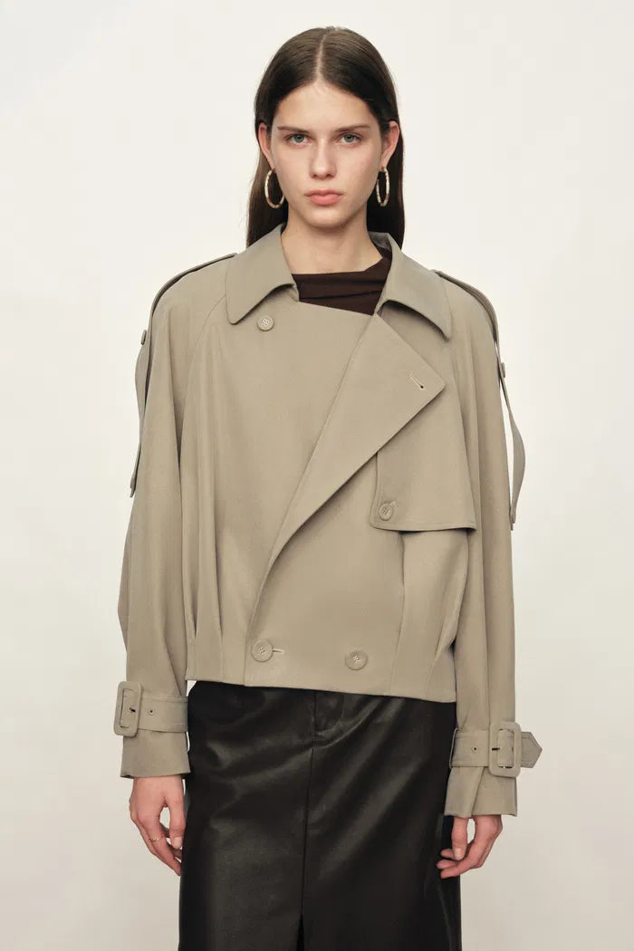 Elva Large Lapel Pleated Hem Short Trench Coat in Lightweight Blend