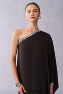 Avis One Shoulder Rhinestone Maxi Dress in Wrinkle Resistant Matte Satin