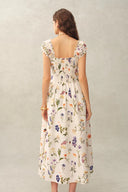 Eliana Handpainted Freesia Ruffle Trim Wide Strap Sleeveless Dress in Silk Cotton Blend