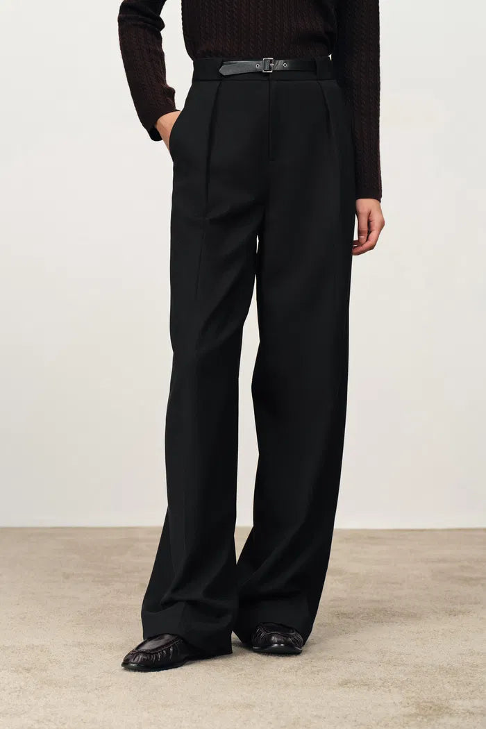 Kaia Wrinkle Resistant Embellished Belt Suit Pants in Fine Wool Suiting