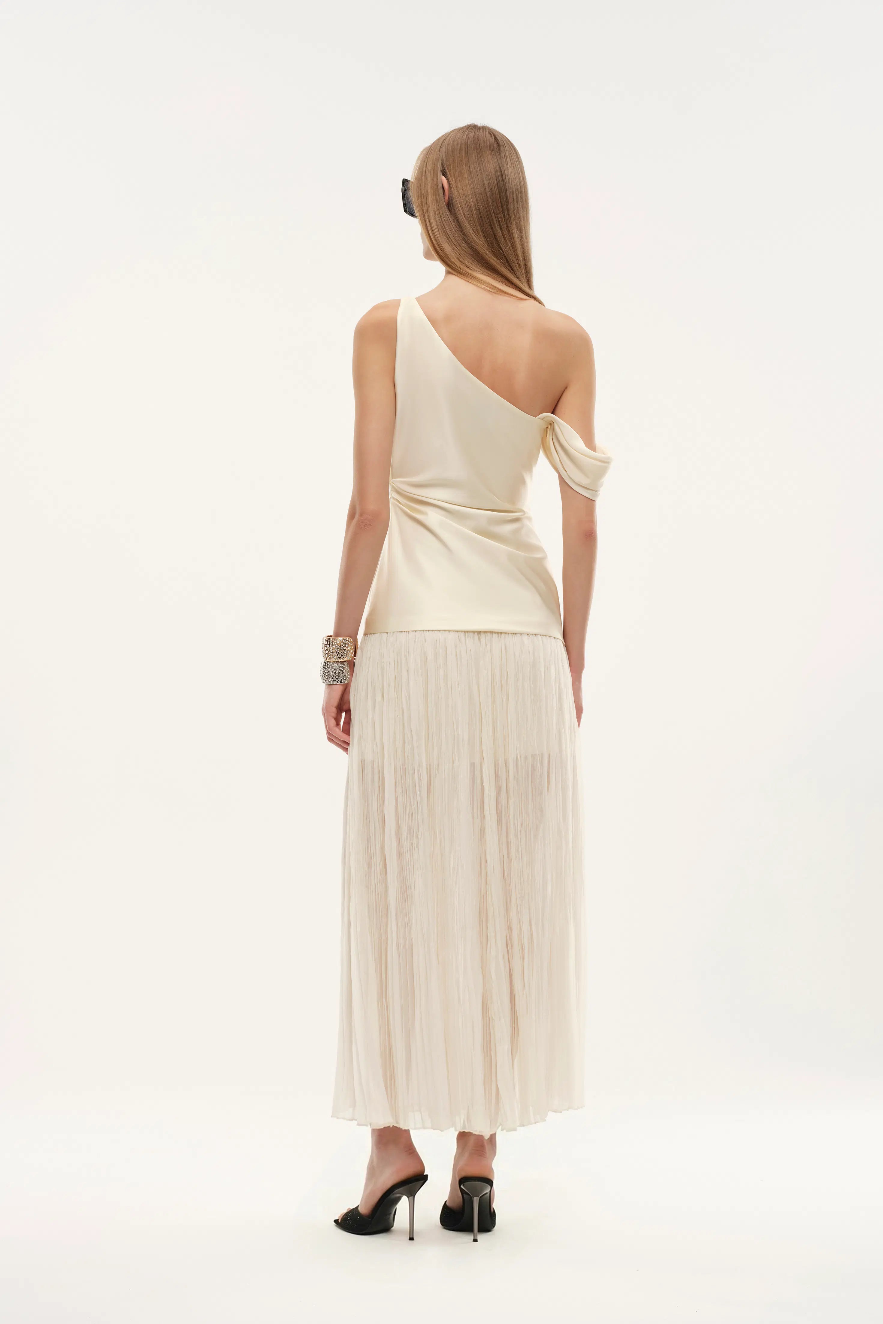 Aura One Shoulder Ruched Pleated Maxi Dress in Mulberry Silk