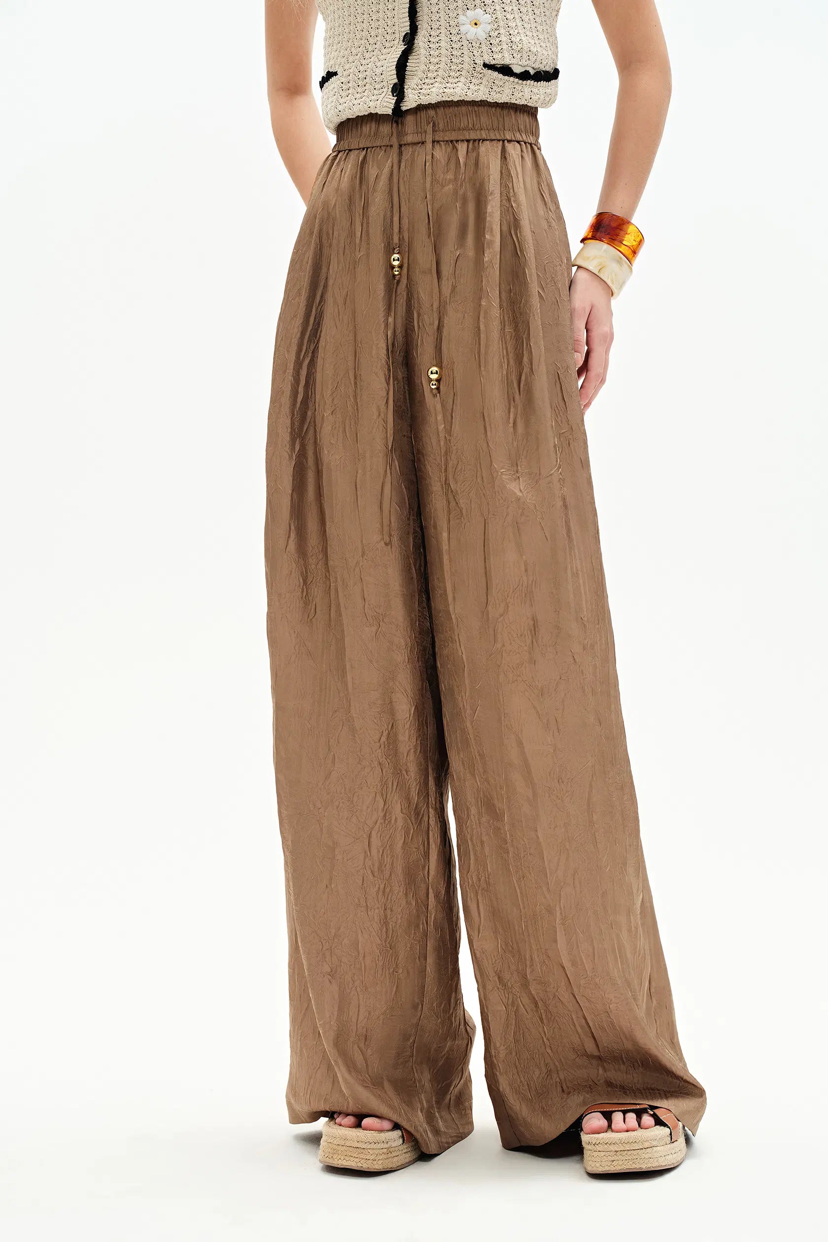 Louise Textured Loose Boho Pants Wrinkled Satin
