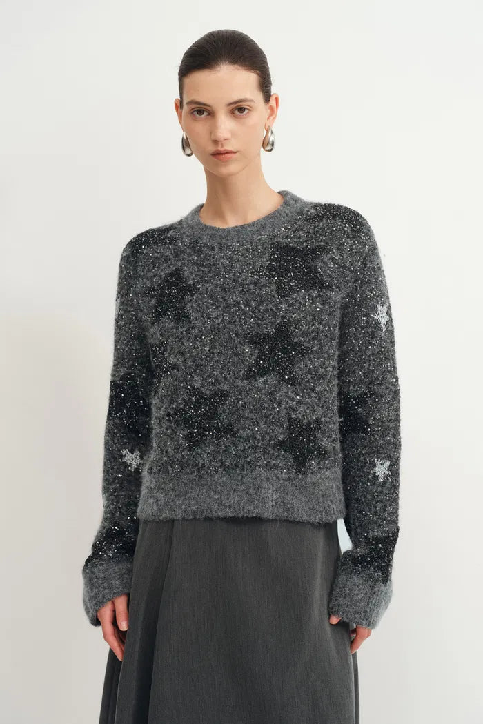 Twinkle Star Intarsia Sweater in Alpaca Sequin Yarn Knit