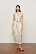 Felicia Handwork Draping Textured Stripe Sleeveless Dress in Linen Blend