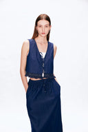 Completo Gilet e Gonna con Nappine Velia in Denim di Cotone