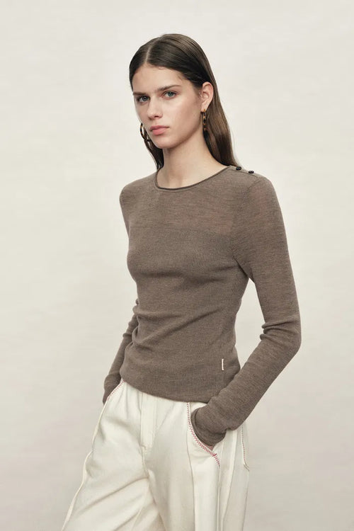 Mariselle Crew-Neck Fitted Long Sleeve Top in Merino Wool Knit