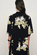 Aria Floral Tie Neck Elbow Sleeve Dress in Light Crinkle Gauze