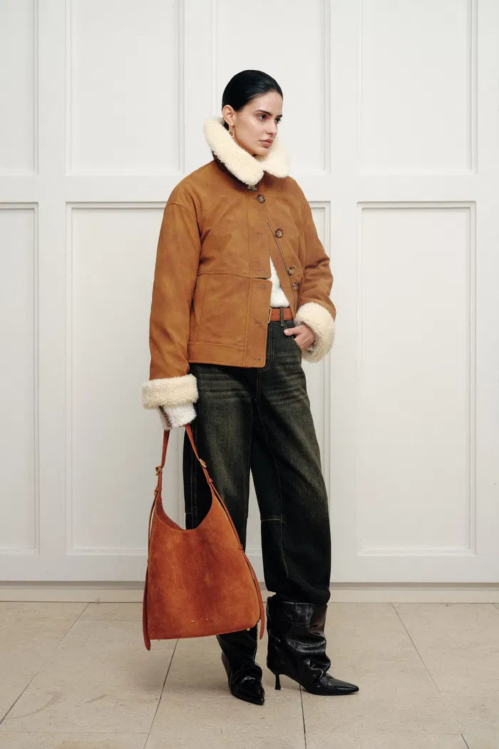 Flora Contrast Lapel Cotton Coat in Matte Faux Leather