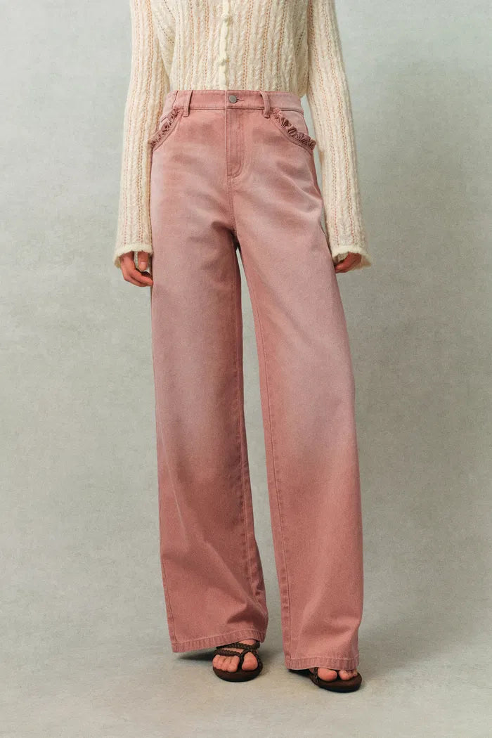 Delphine Ruffled Hem Pink Jeans in Cotton Denim
