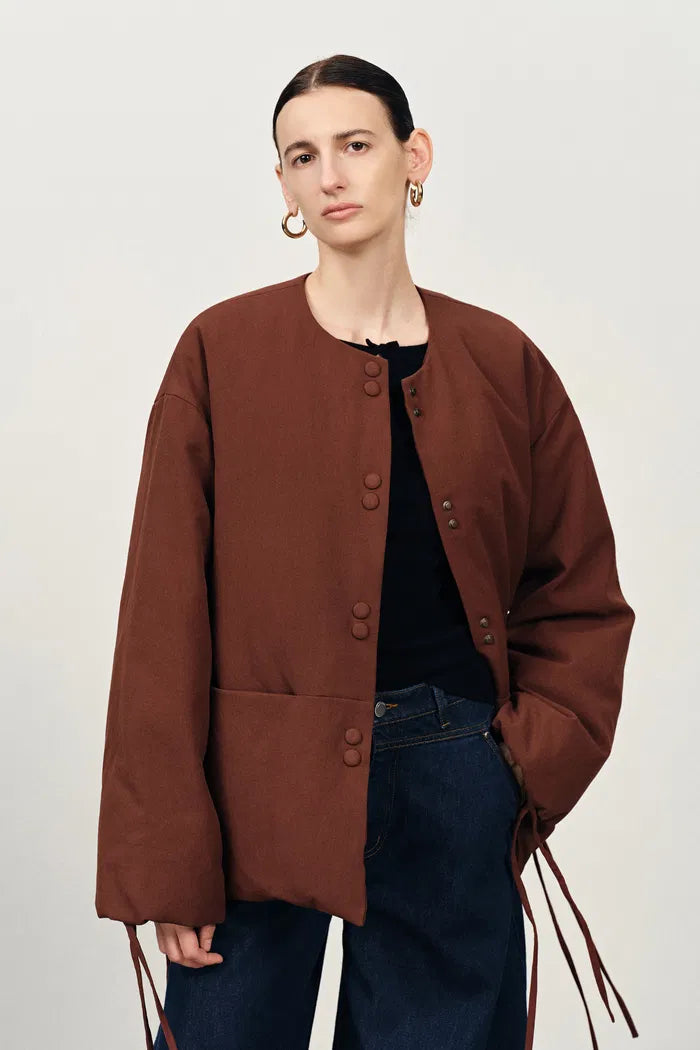 Aimee Detachable Scarf Down Jacket in Hollow Yarn Fine Twill