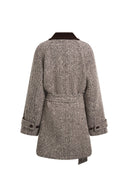 Lucile Contrast Lapel Herringbone Midi Coat in Wool Blend
