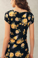 Maggie Handpainted Floral Cinched Waist Dress in Silk Double Crepe