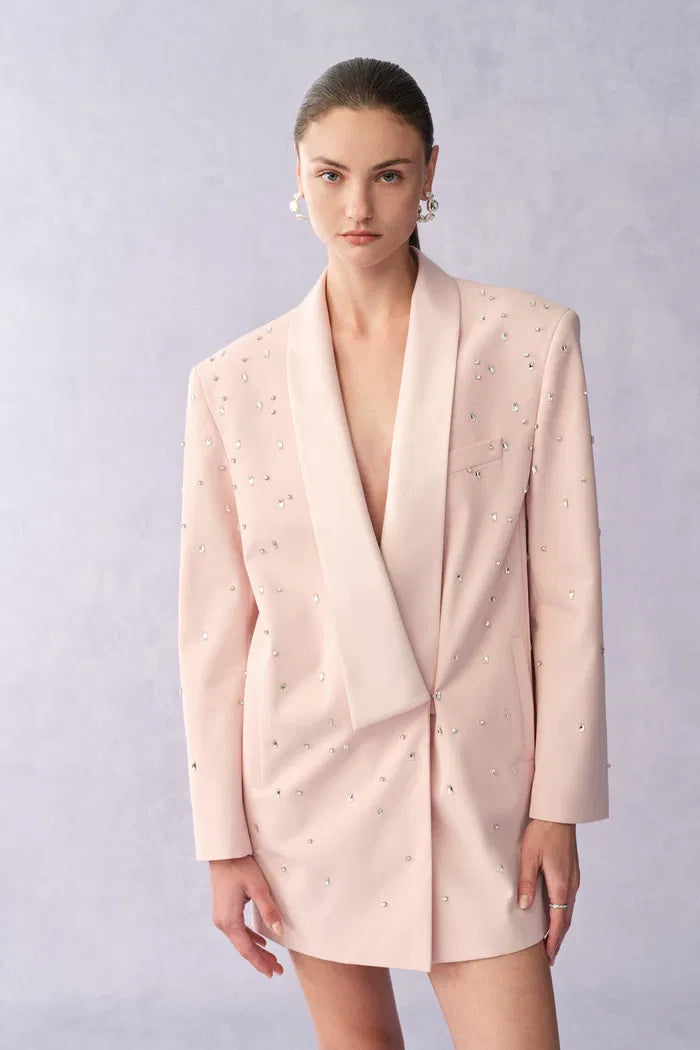 Lolanthe Hand Applied Rhinestones Wide Shoulder Blazer in Linen Style Suiting