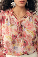 Marie Hand-Painted Print V-Neck Ruffle Top in Sheer Chiffon