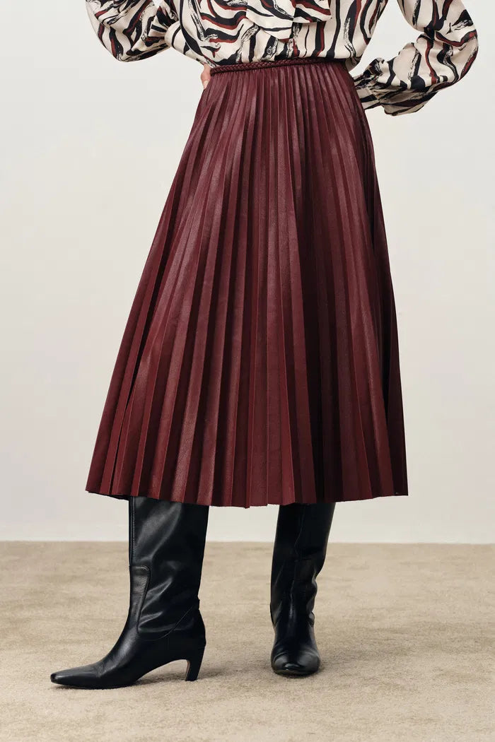 Lila Sun Pleated Leather Skirt in Faux Leather