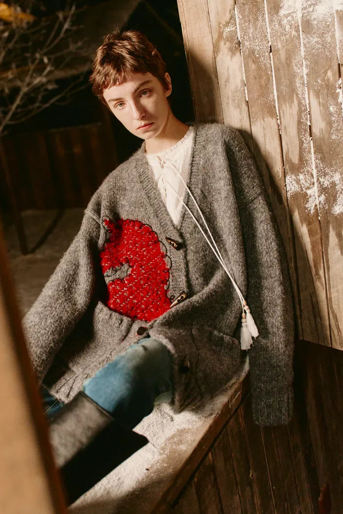 Polly V Neck Pony Motif Cardigan in Alpaca Blend Knit