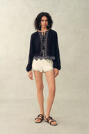 Blair Boho Embroidered  Sheer Lace Puff Sleeve Blouse in Crinkled Georgette