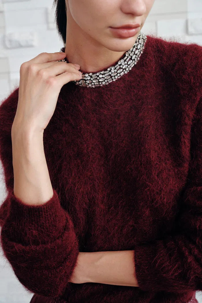 Violet Crystal Embellished Collar Sweater in Alpaca Blend