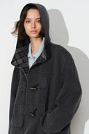 Aeliana Plaid Hooded Midi Coat in Dark Grey Wool Blend