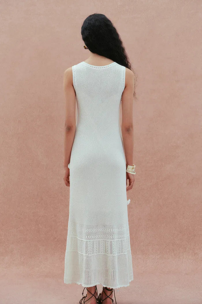 Ellie White  Sleeveless Floral Crochet Dress in Cotton Linen Knit