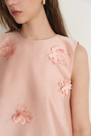 Luminere Beaded Floral Applique Sleeveless Short Dress in Silk-Wool Satin