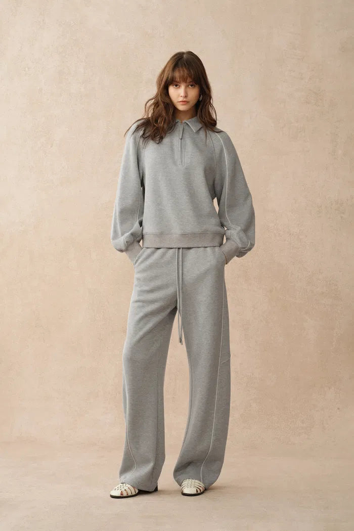 Danielle Leather Zip Lightweight Sweatshirt and Pants Matching Sets in Spacer Knit Fabric