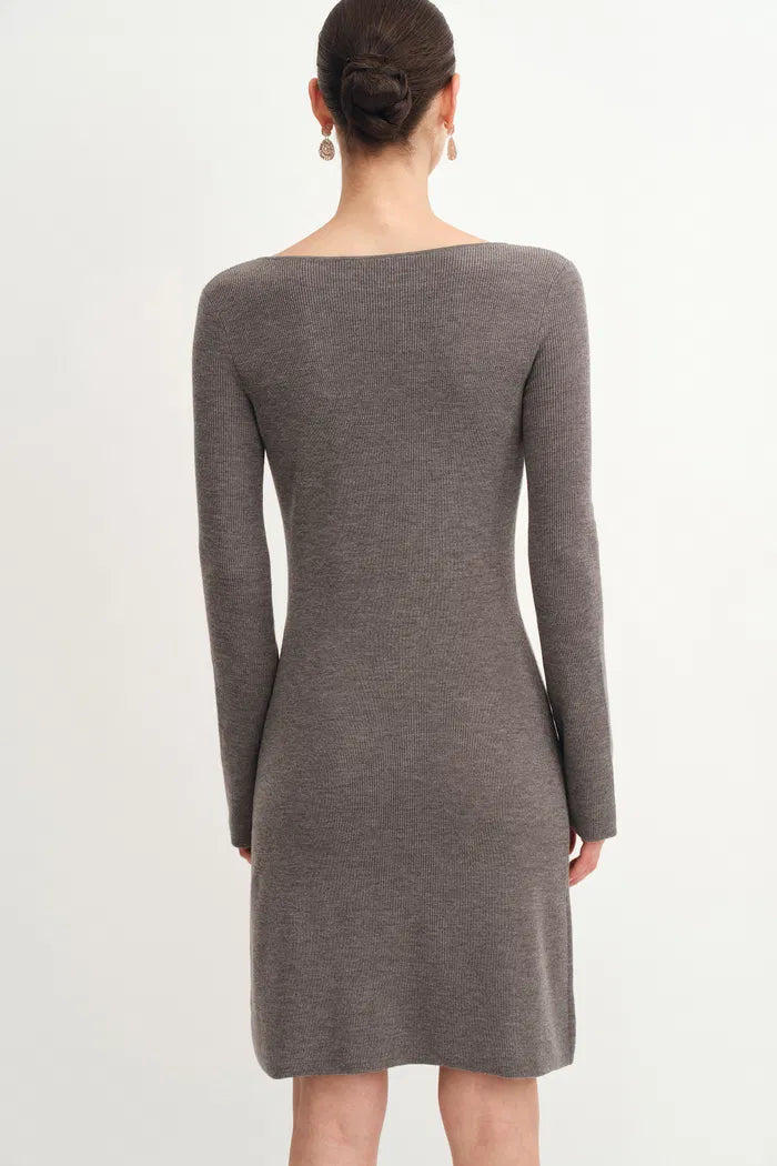 Emily Grey Henley Collar Fitted Short Dress in Merino Wool Knit