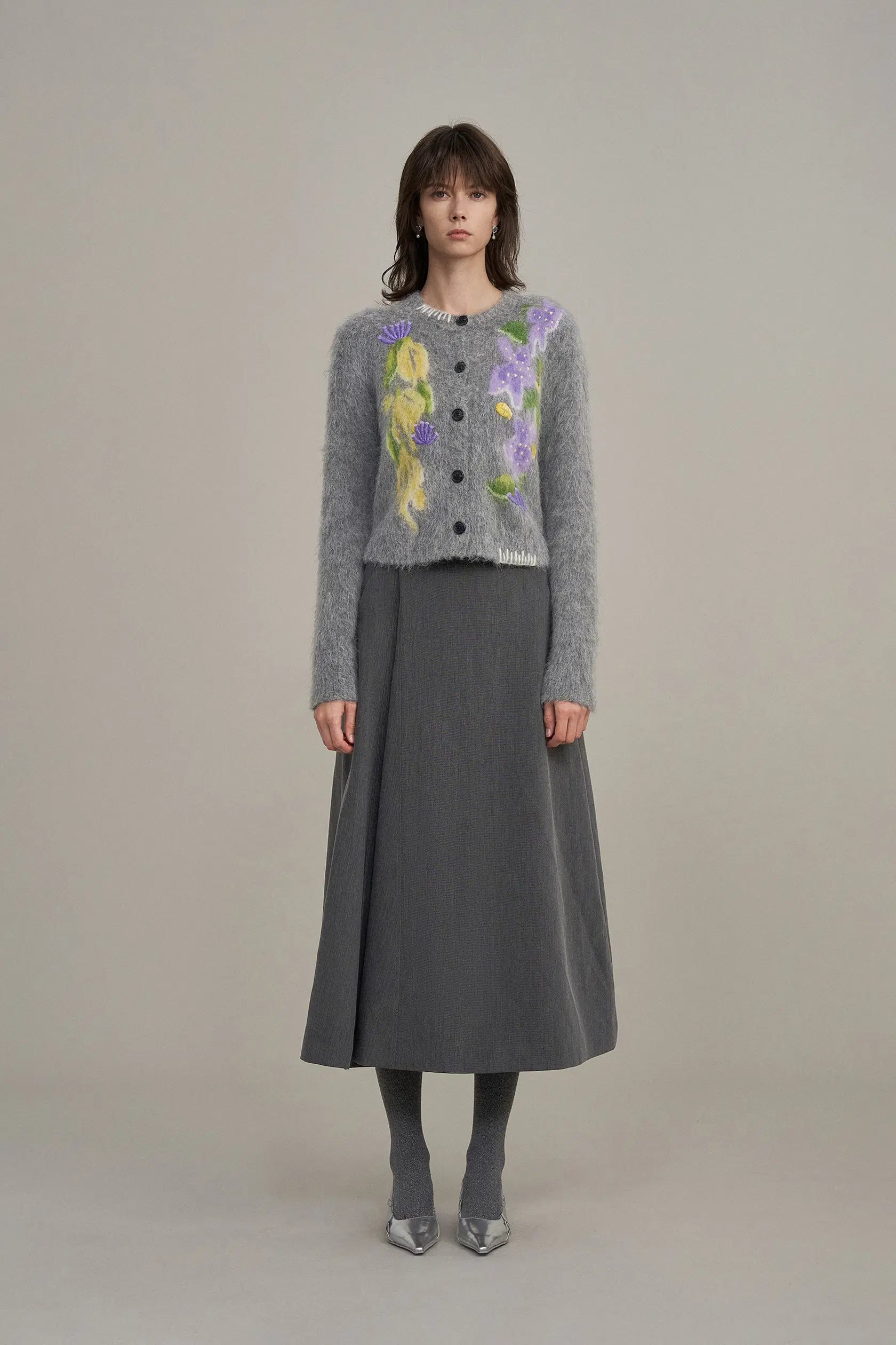 Cymbidium Hand Embroidered Cardigan Alpaca Blend Knit
