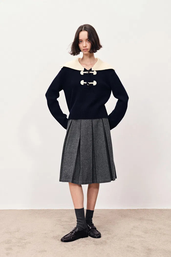 Ava Hand Embroidered Pleated Skirt in Merino Wool