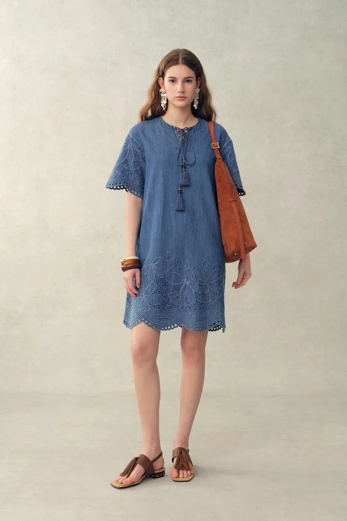 Kate Floral Lace Embroidery Short Dress in Lightweight Tencel-Cotton D fbrq.com Kate Floral Lace Embroidery Short Dress in Lightweight Tencel-Cotton D fbrq.com