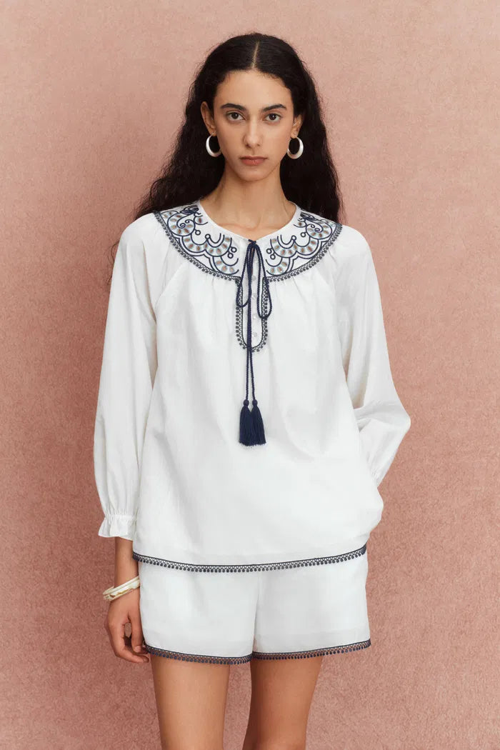 Celia Boho Embroidery Matching Blouse and Shorts Set in Silk-Cotton Blend