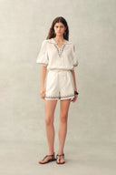 Becky Cross Stitch Tie Front Short Sleeve Shirt and Shorts Set in Linen Blend