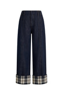 Léa Cuffed Contrast Plaid Denim Jeans in Raw Denim
