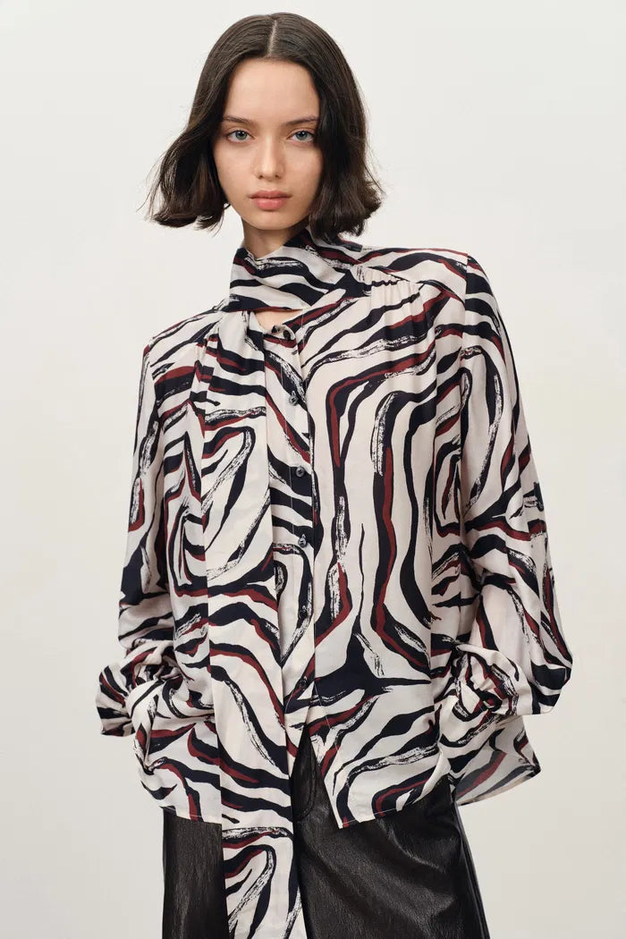 Shakti Hand Painted Zebra Print Flowing Tie Blouse in Silk-Wool Fine Twill