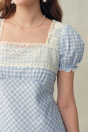 Gisele Lace Panel Checkered Square Neck Puff Sleeve Dress in Cotton