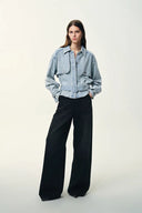 Halle Washed Short Trench Inspired Jacket in Light Blue Denim