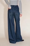 Olive Striped Drawstring Straight Leg Jeans in Striped Denim