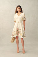 Eve Handpainted Floral Belted Puff Sleeves Dress in Silk Linen Blend