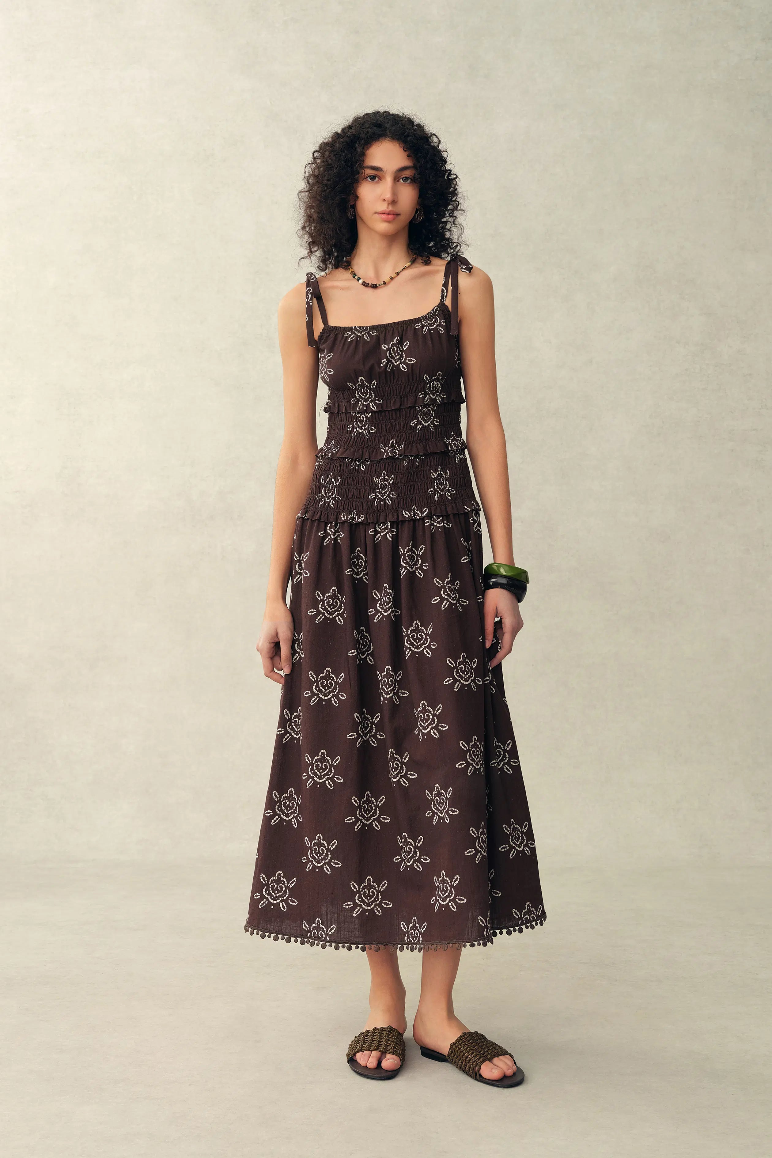 Eva Smocked Handpainted Floral Tie Shoulder Sleeveless Dress in Cotton