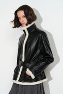 Athena Belted Shearling Padded Jacket in Vegan Leather